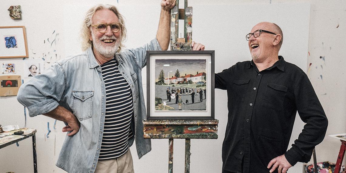 Dick Frizzell with Dave Dobbyn. In Dick’s studio sharing his work ‘Amazing Grace’ with Dave