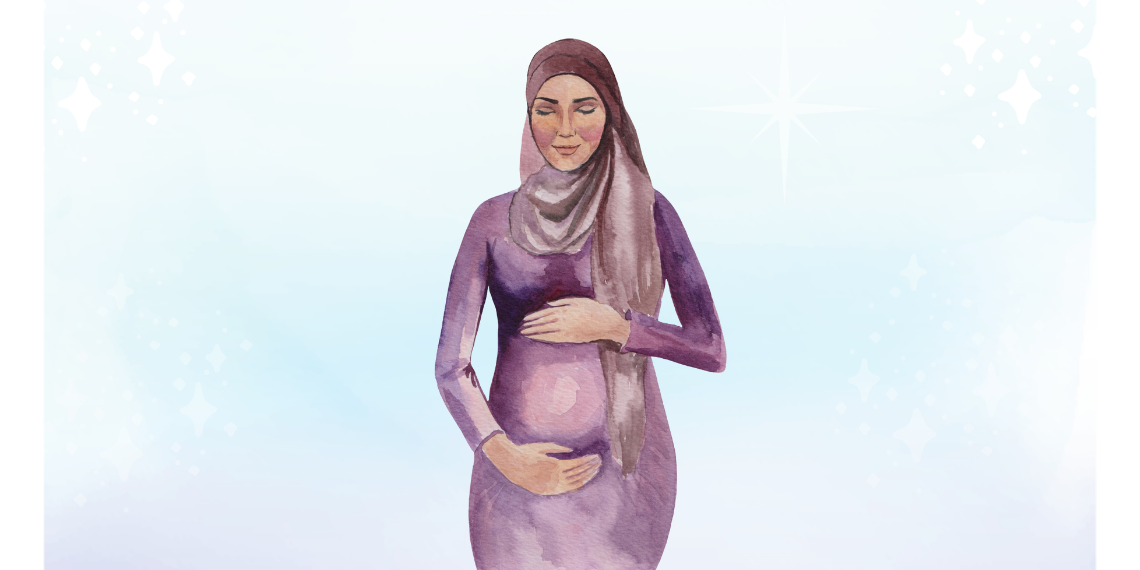 A pregnant woman wearing a headscarf cradles her stomach