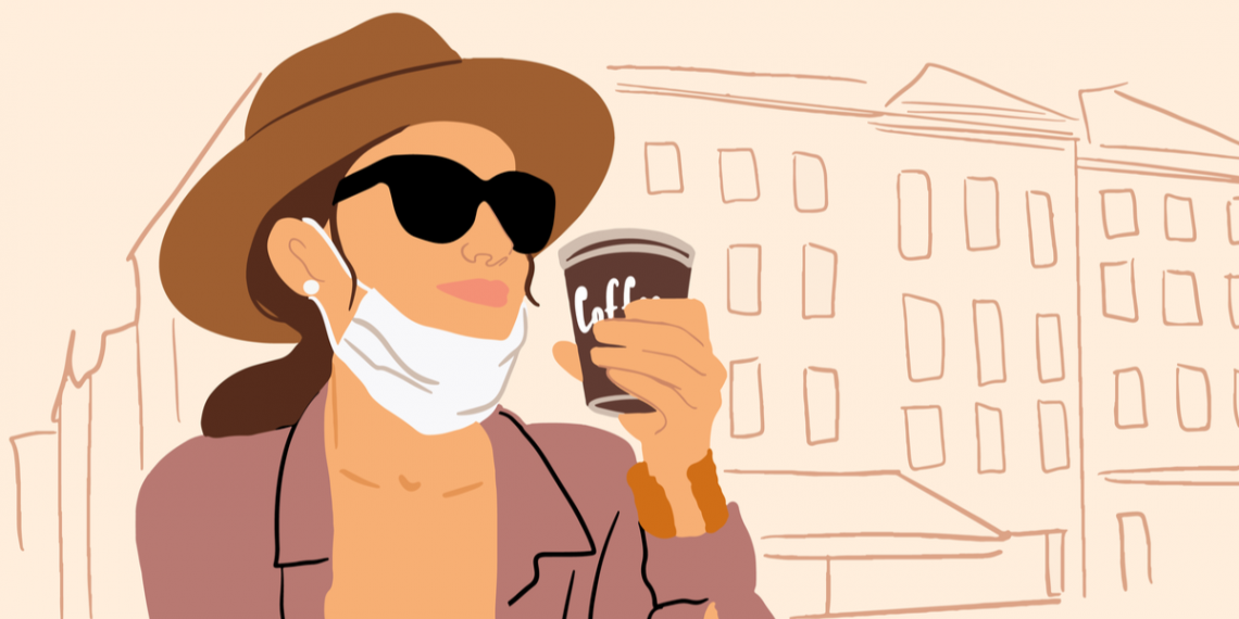 a groovy looking woman drinking coffee